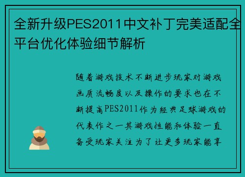 全新升级PES2011中文补丁完美适配全平台优化体验细节解析
