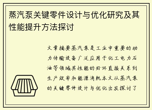 蒸汽泵关键零件设计与优化研究及其性能提升方法探讨
